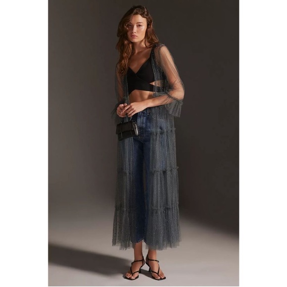 Anthropologie Elizabeth Gillett Embellished Beaded Mesh Tulle Duster One Size - Picture 2 of 13